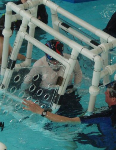 Students in pool learning egress training